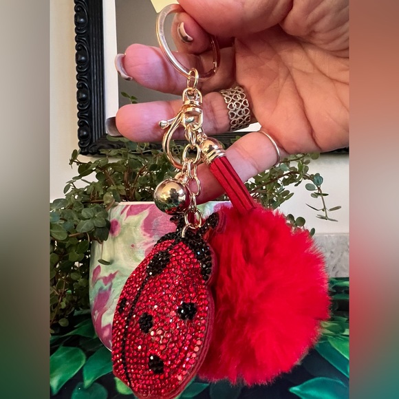 Rhinestone Ladybug with Red Pom Pom & Tassel/Gold Ball - Purse Charm / Key Charm - Picture 3 of 8